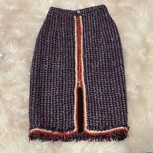 RECONSTRUCTED CHANEL Tweed Pencil Skirt with Red and Gold Details